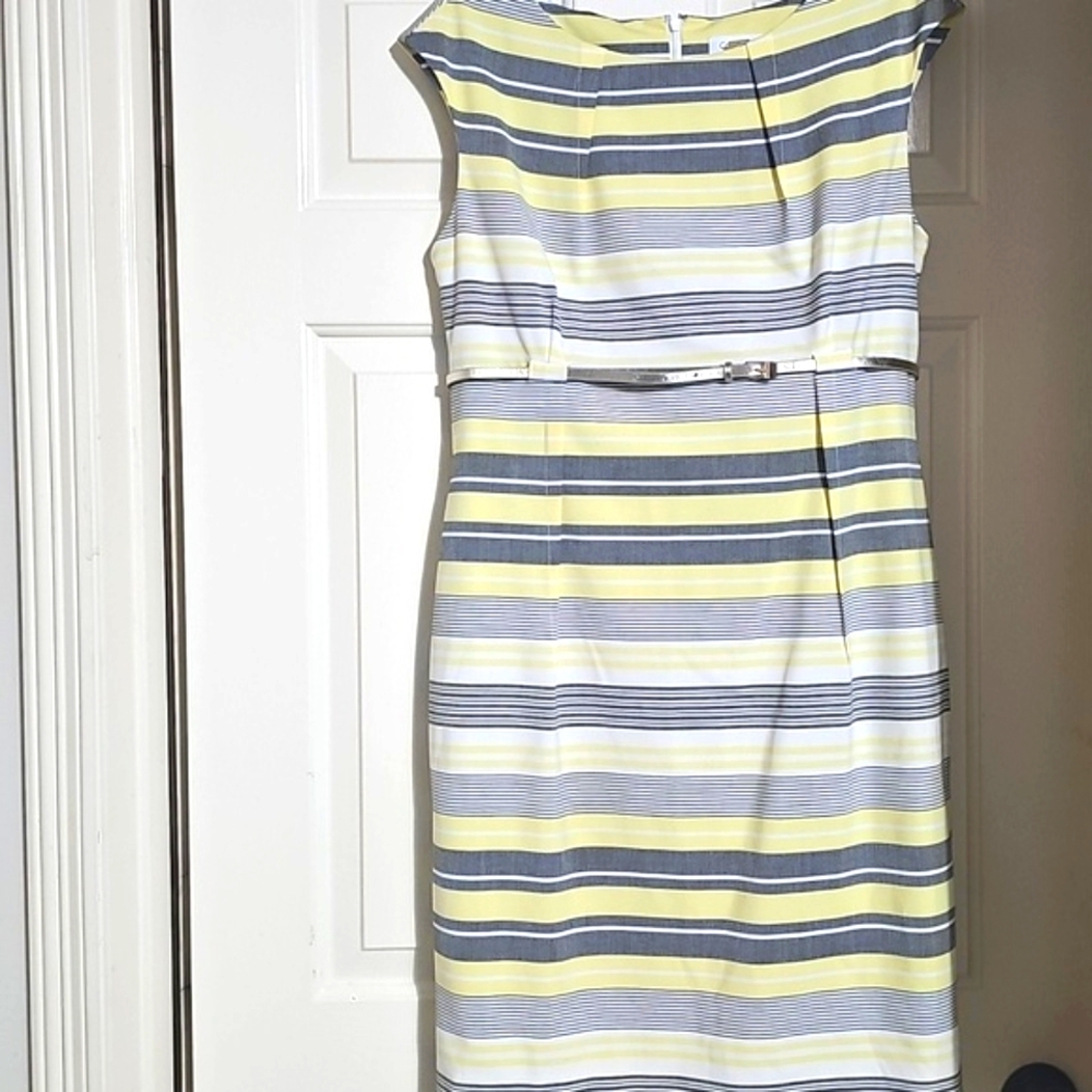 Calvin Klein Gray and Yellow Sheath Dress with Flutter Cap Sleeves